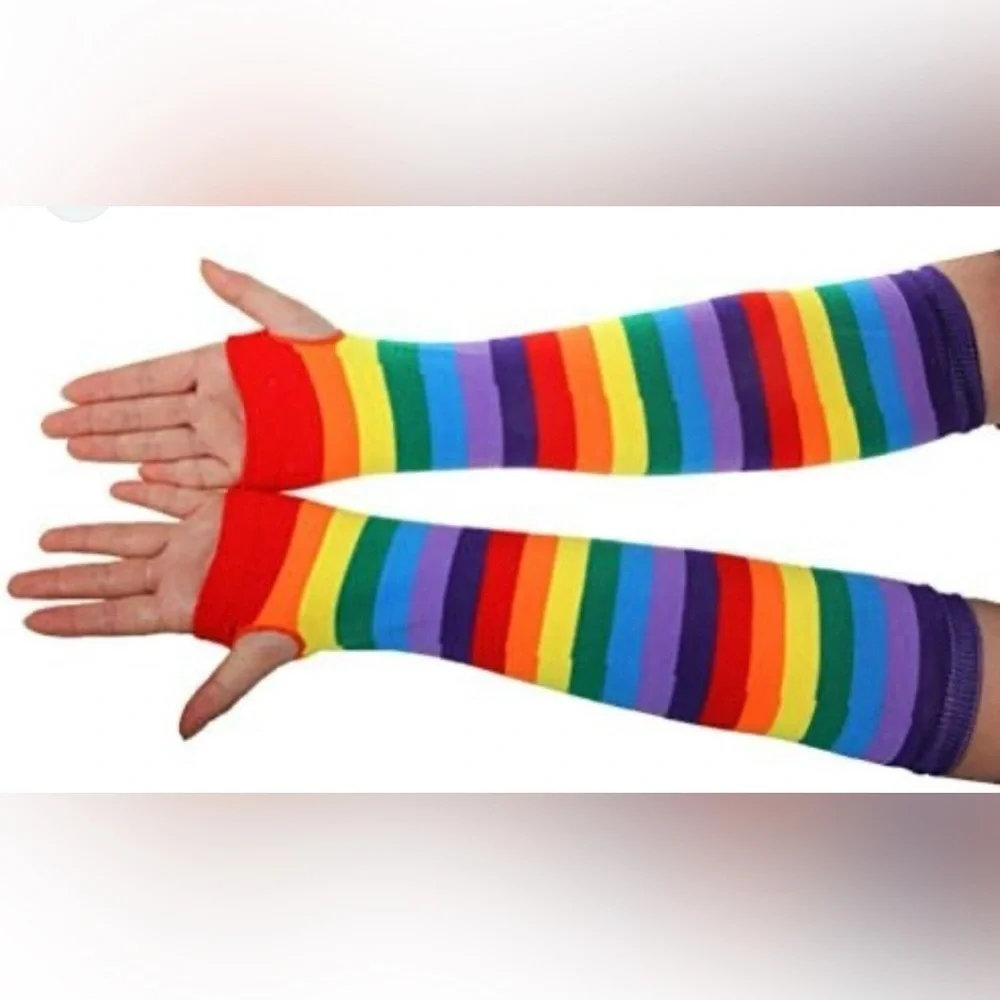 PRIDE Rainbow Knit Fingerless Gloves LGBTQ Sleeve Elbow Ally Striped